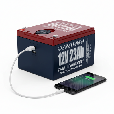 Dakota Lithium 12V 23Ah LiFePO4 battery with USB charging ports