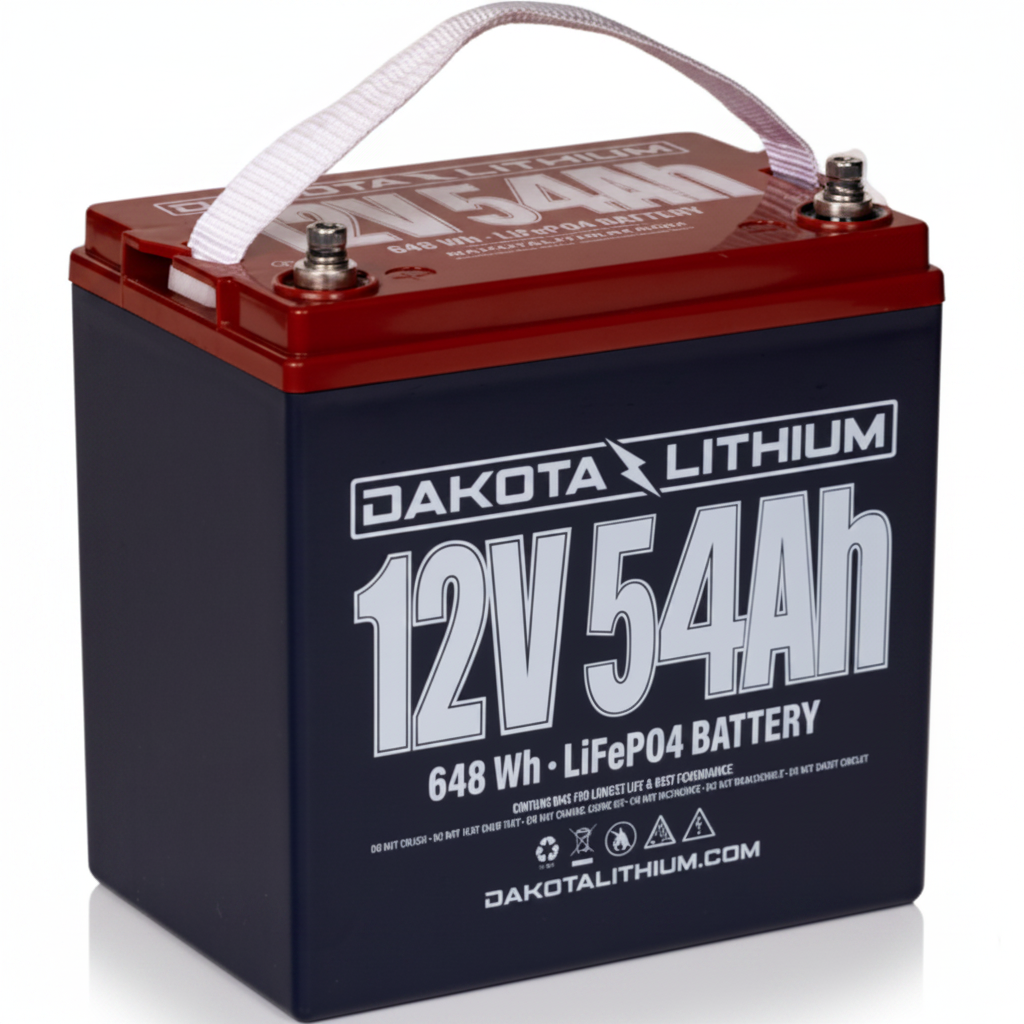 Dakota Lithium 12V 54Ah LiFePO4 battery angled view