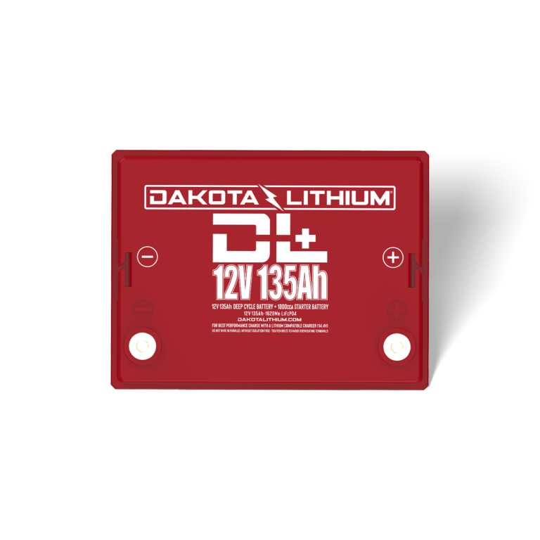 Dakota Lithium DL+ 12V 135Ah battery terminal and label view