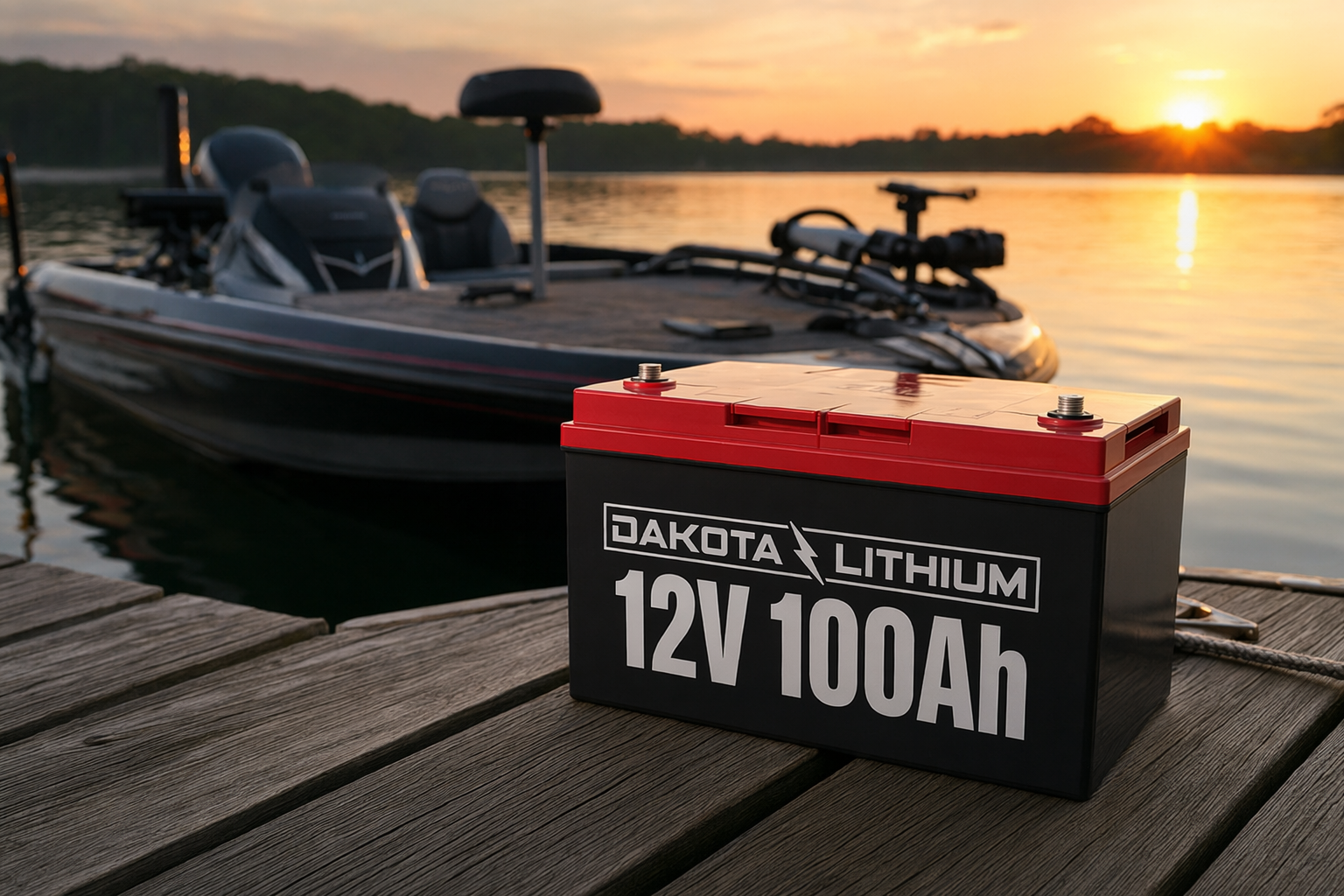 Dakota Lithium LiFePO4 battery on dock at sunset